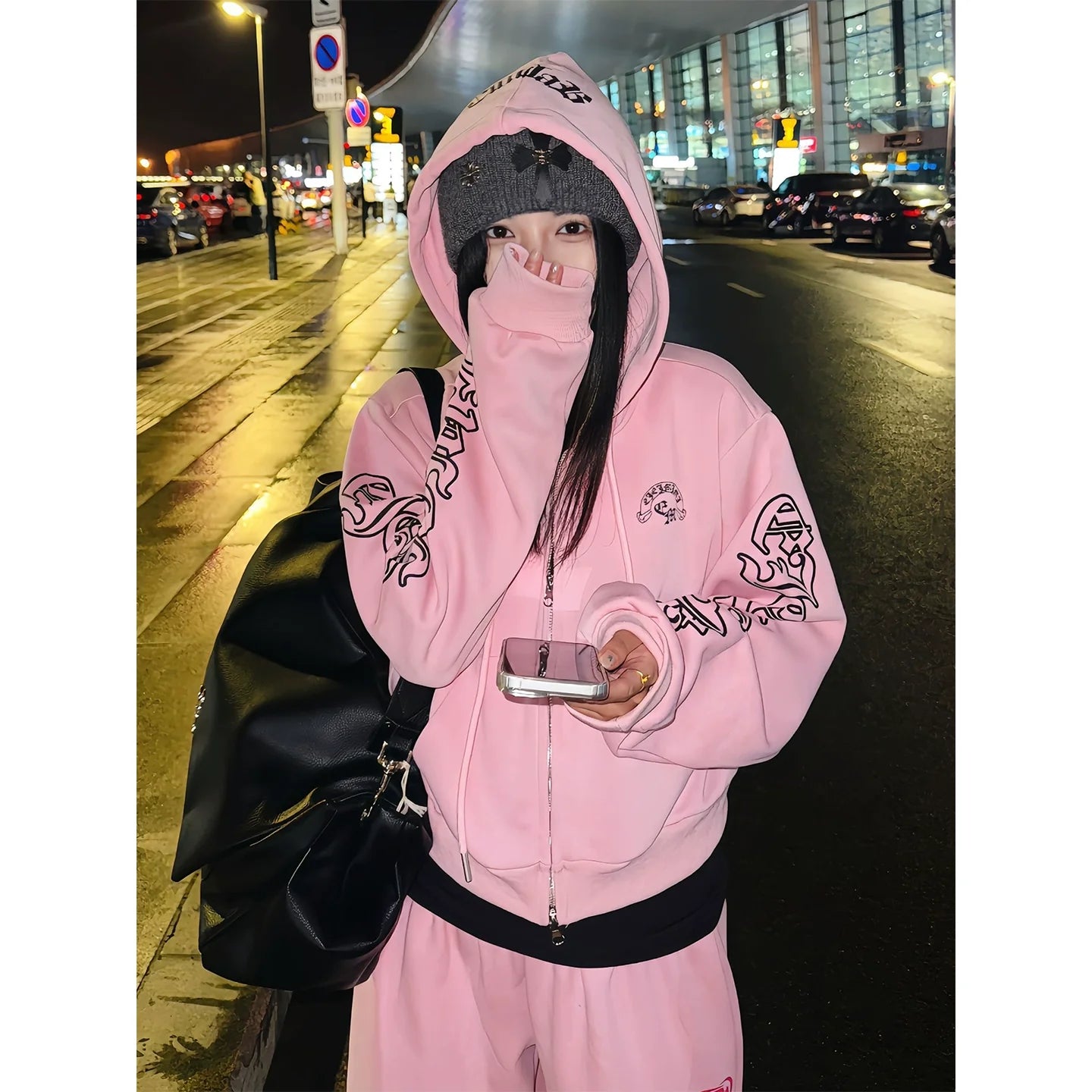 Vintage Pink Gothic Hoodie Zip-Up Jacket for Autumn Winter