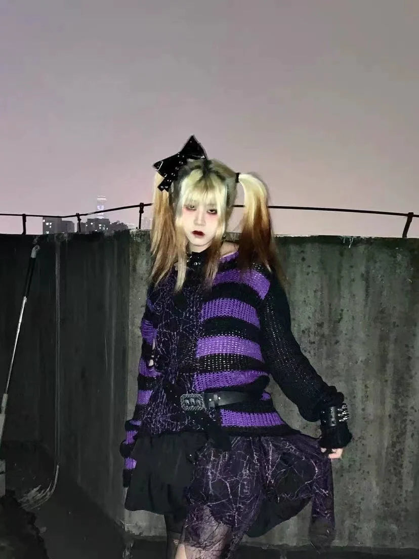 Black Purple Spider Web Y2K Punk Distressed Stripe Sweater