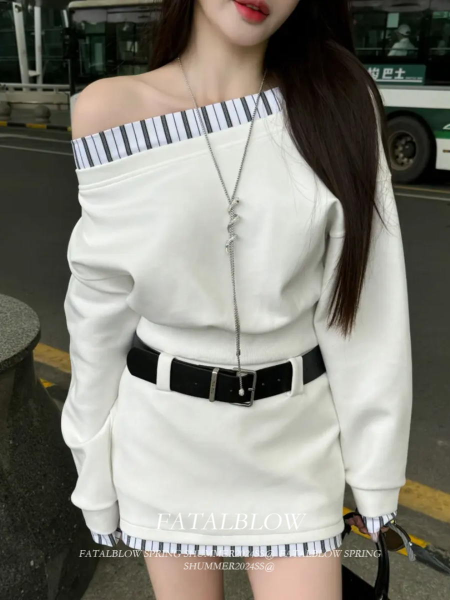 Korean Casual Asymmetrical Color-Block Sweatshirt & Skirt Dress Set
