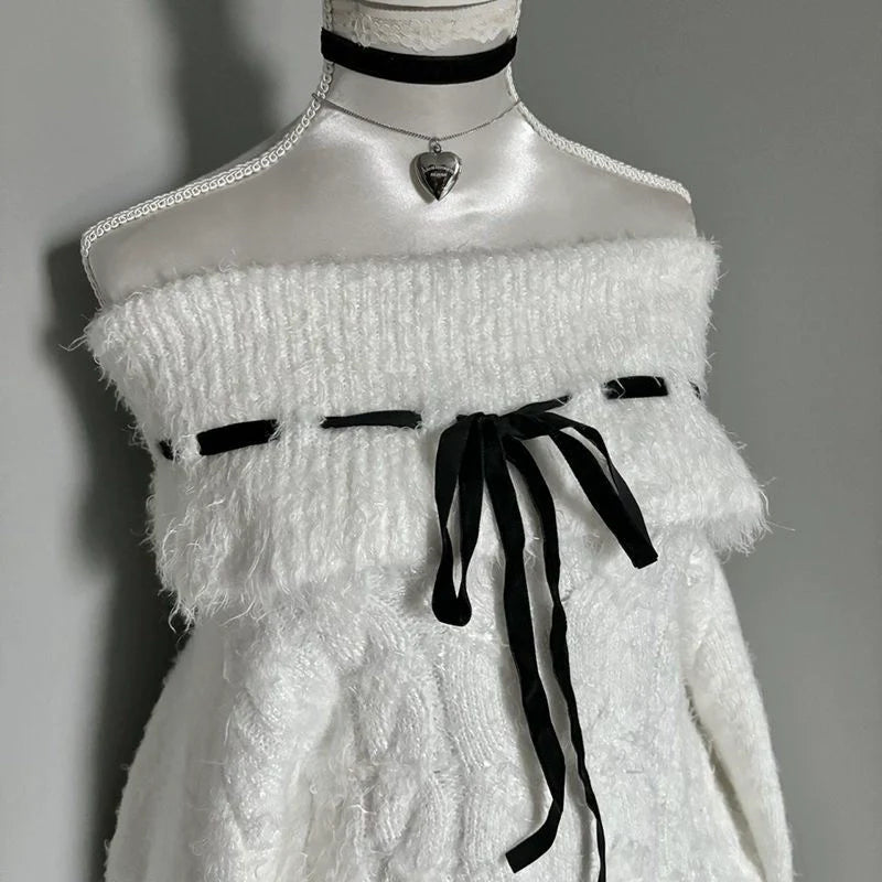 White Y2K Retro Tie-Collar Off-The-Shoulder Sweater