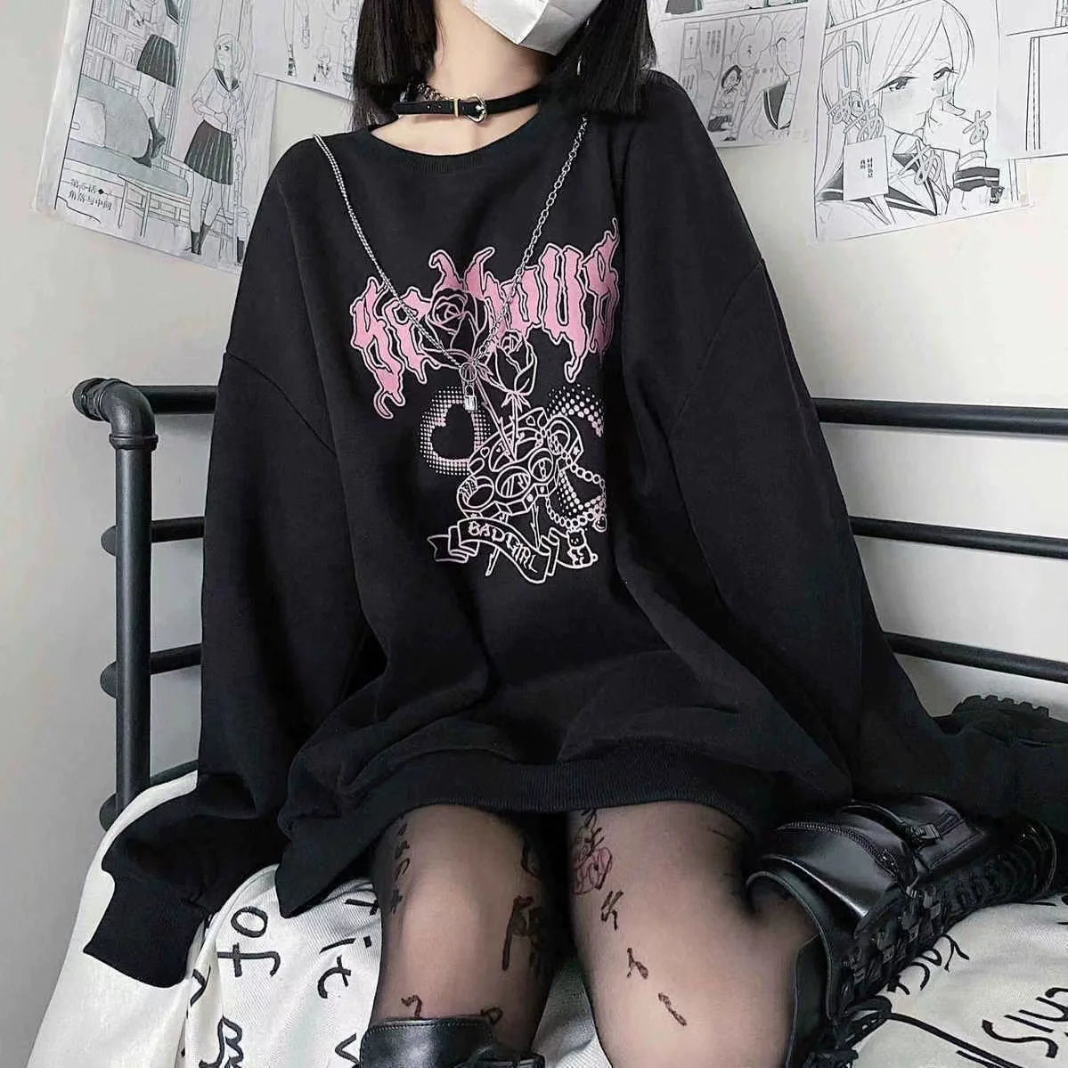Black Y2K Harajuku Anime Terry-Cloth Hoodie