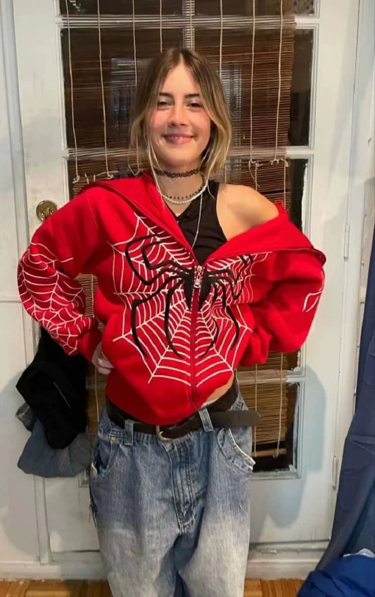 Red Y2K Punk Spider-Web Zip-Up Hoodie