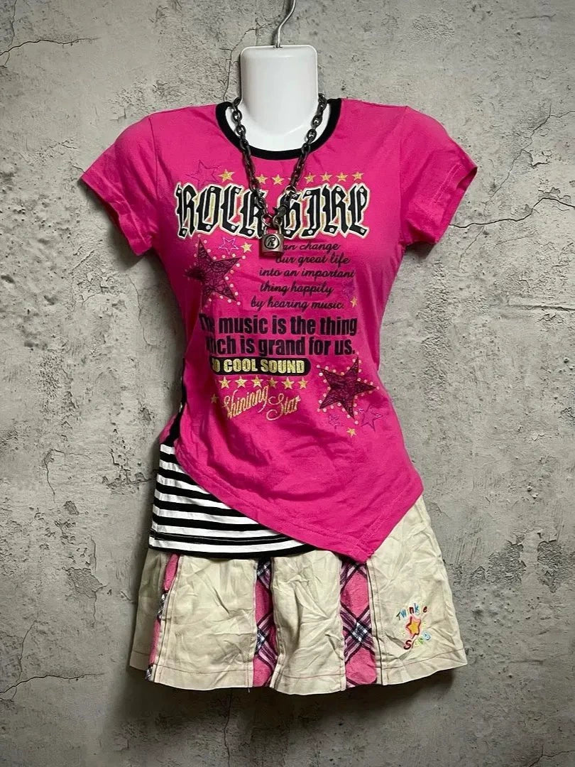 Magenta Striped Fake Two-Piece Short Sleeve Subculture Y2K E-girl Abi Vintage Letter Print Top