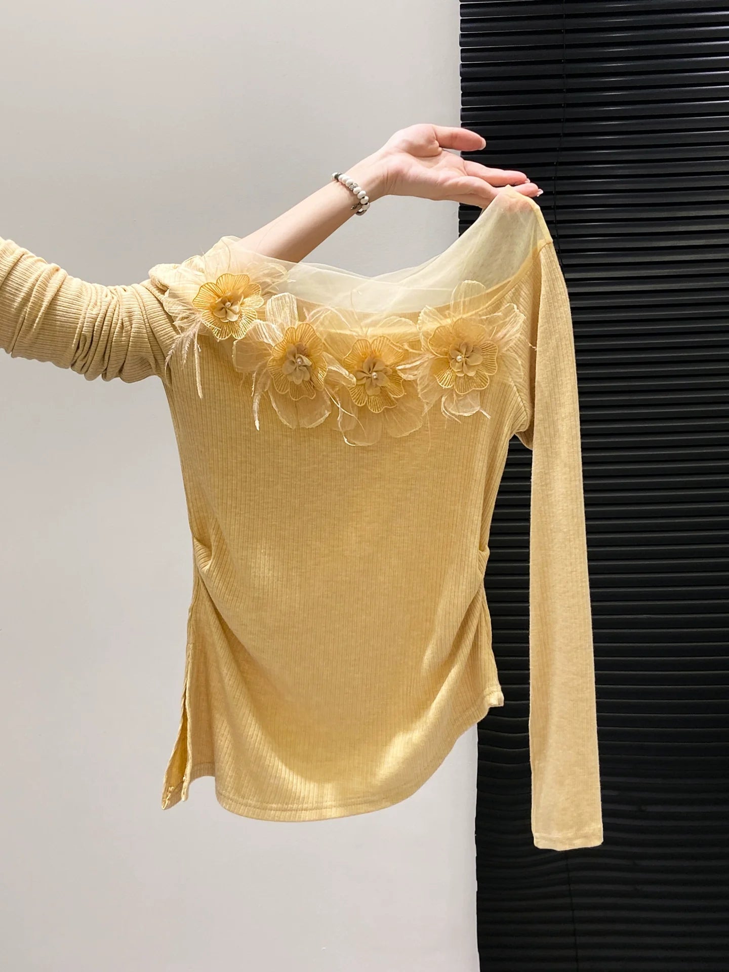 Unique Design Lace Tulle Off-The-Shoulder Long-Sleeve Fitted Base Layer Top With 3D Flowers