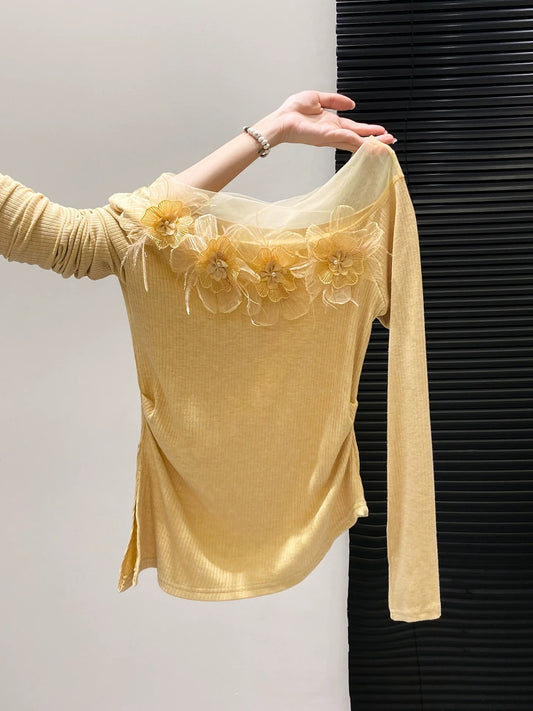 Unique Design Lace Tulle Off-The-Shoulder Long-Sleeve Fitted Base Layer Top With 3D Flowers