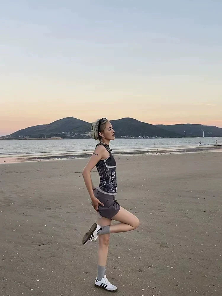 Black Cyberpunk Rock Letter Print Slim Y2K Tank Top