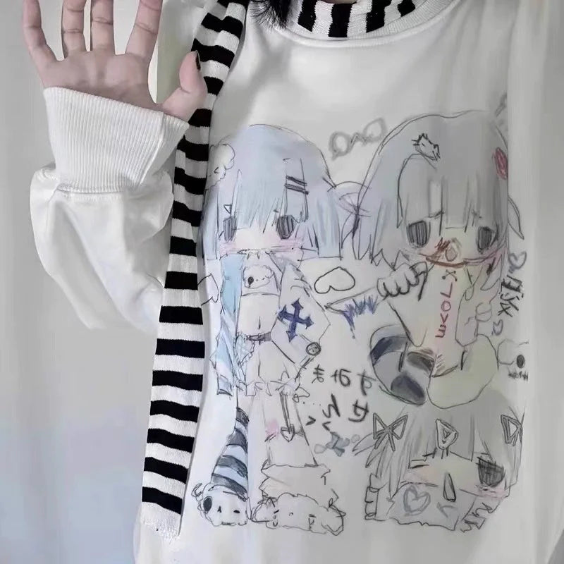 White Y2K Japanese Anime Cute Print Fleece Hoodie