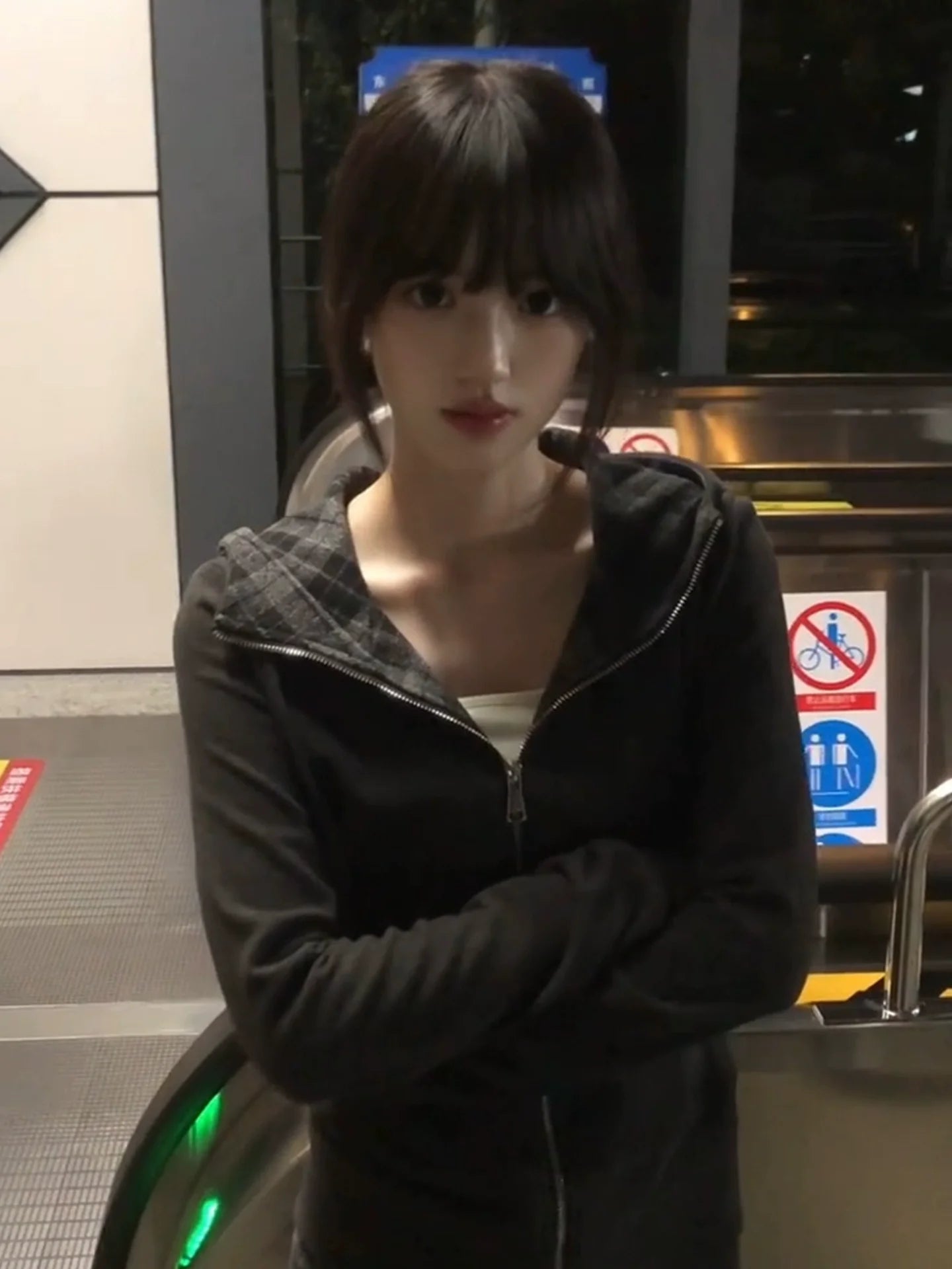 Slim Fit Hoodie Plaid Patchwork Zip Up Top