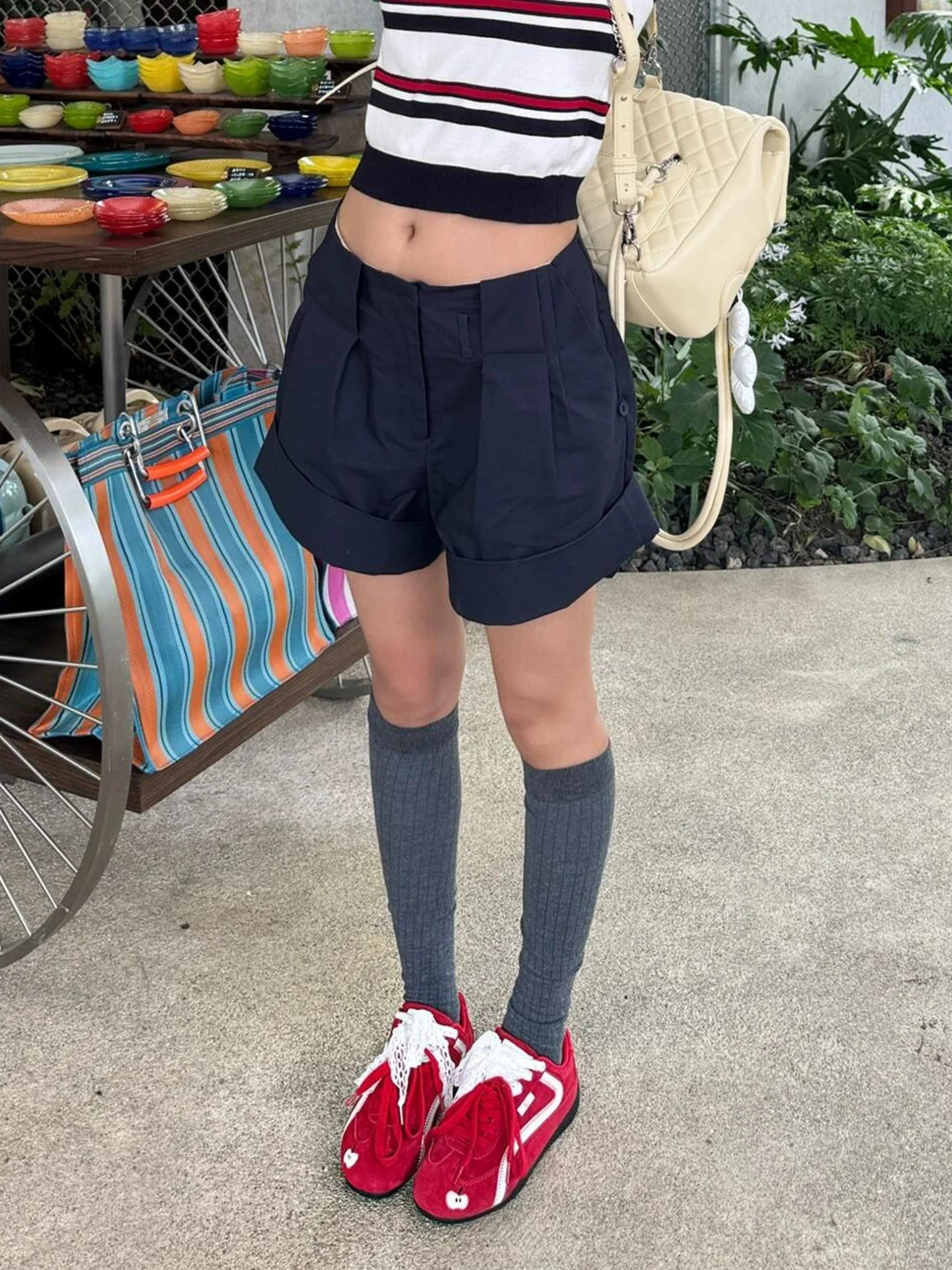 Navy Tailored High Waist Shorts Summer Loose Pants