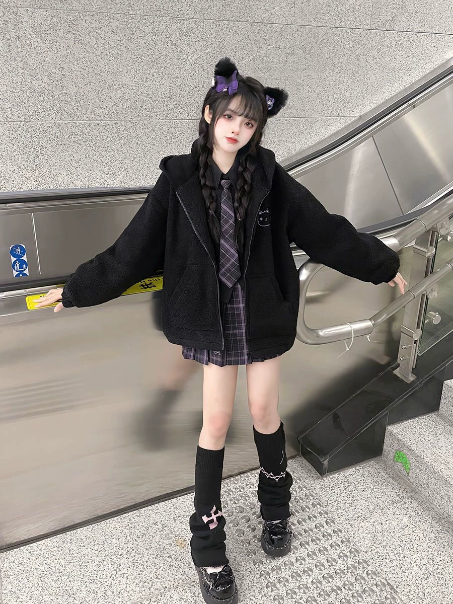 Black Y2K Japanese Anime Cat-Ear Hooded Faux Lamb Puffer Jacket