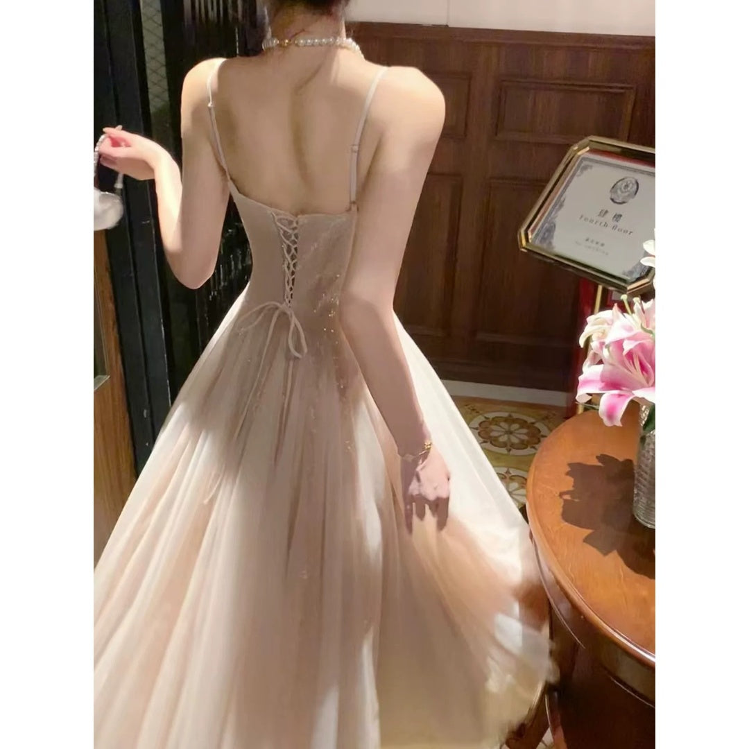 French Sequin Lace Spaghetti Gown Dress – Heavy Embroidered Flared Dress