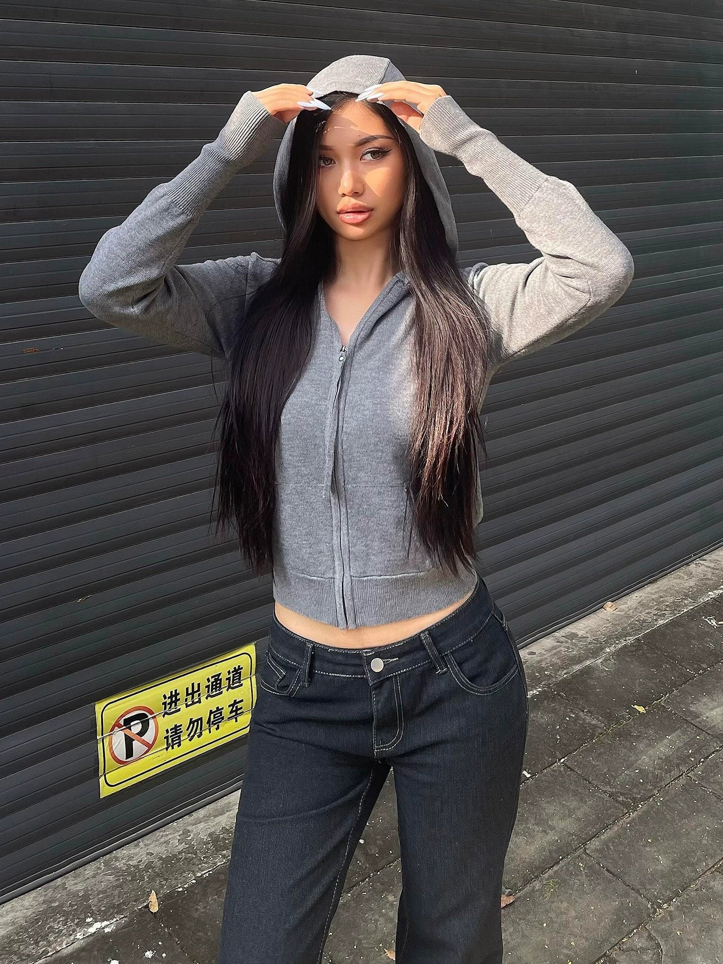 Grey Zip Knit Hoodie Slim Fit Long Sleeve Top