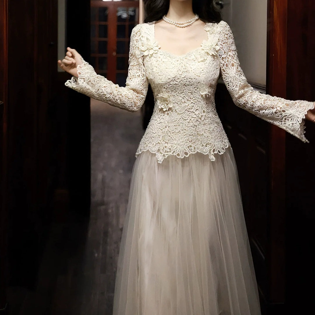 White Floral Lace Long Sleeve Gown Prom Dress