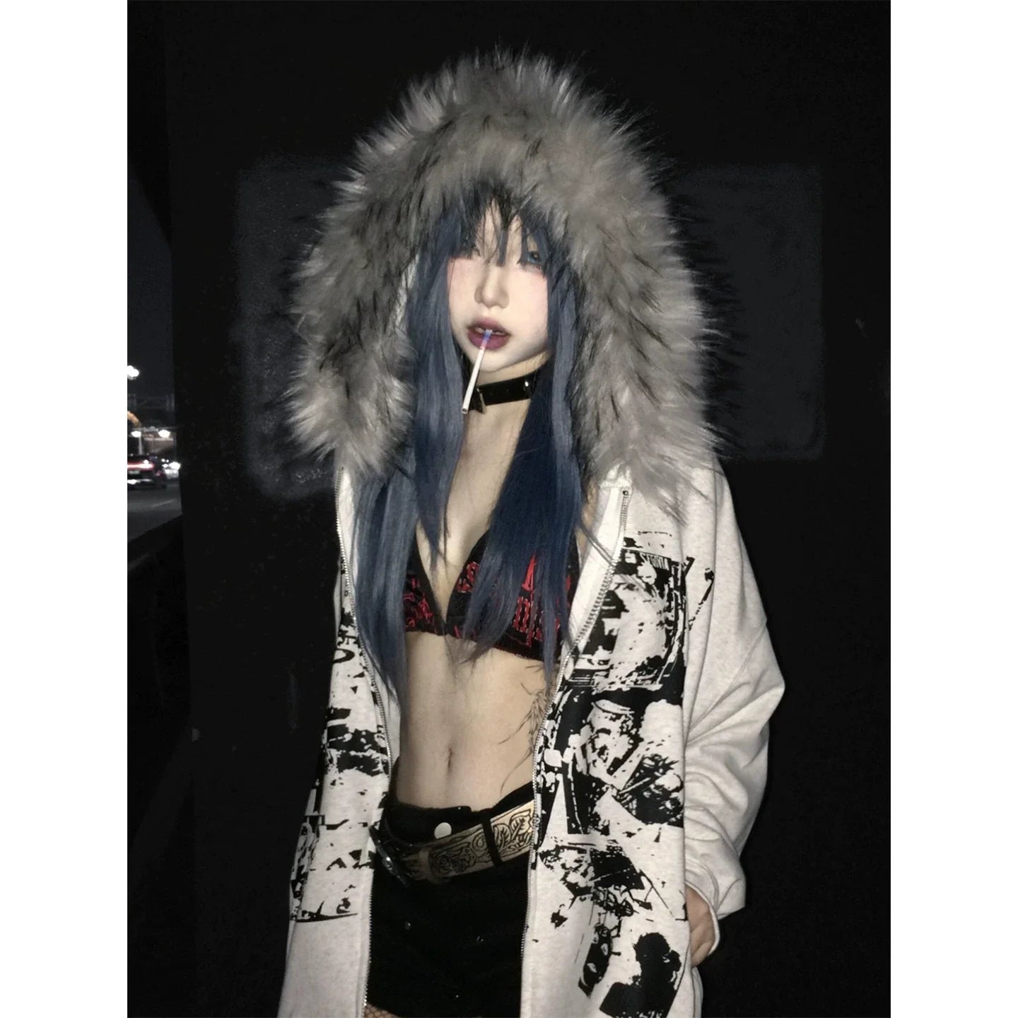 Y2K Vintage Fur Collar Zip-Up Hoodie Heavyweight Visual Kei Streetwear Jacket