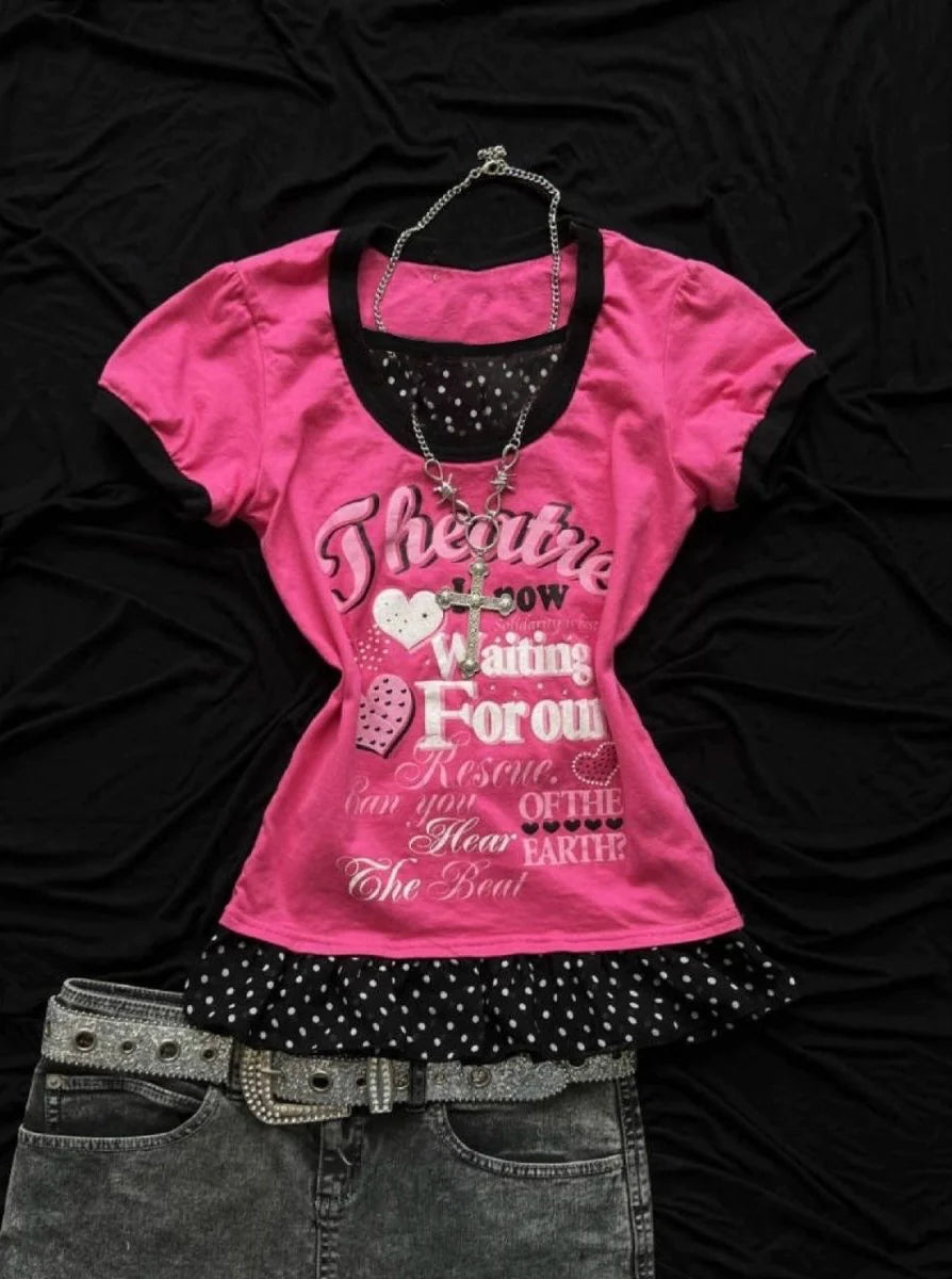 Vintage Patchwork Polka-Dot Subculture Y2K E-girl Shibuya Girl Abi American Retro Print Fake Two-Piece Short Sleeve Top