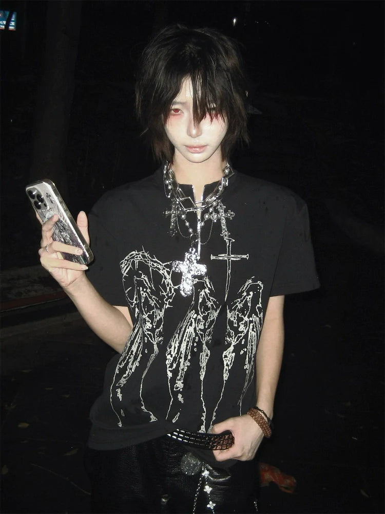 Vintage Black Zip Punk Short Sleeve Top