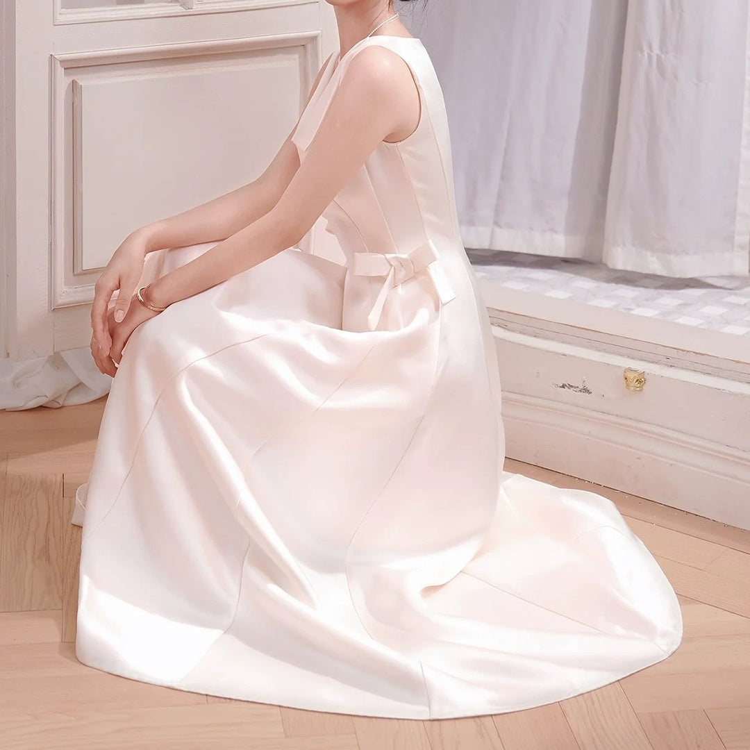 French White Satin V-Neck Sleeveless Butterfly Gown Dress