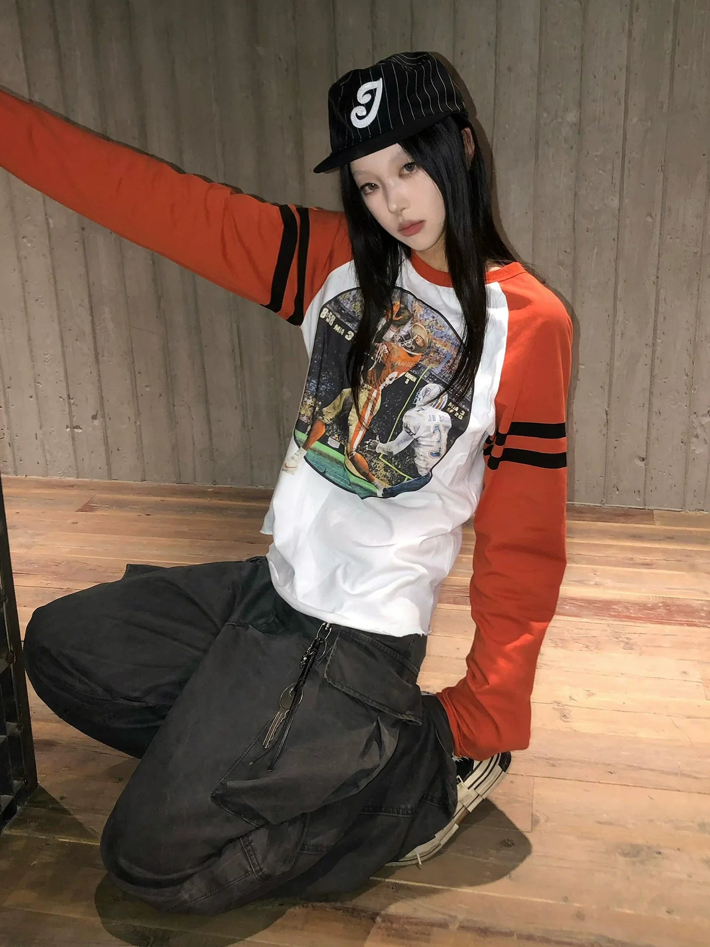 Retro White and Orange Color Block Raglan Long Sleeve Top