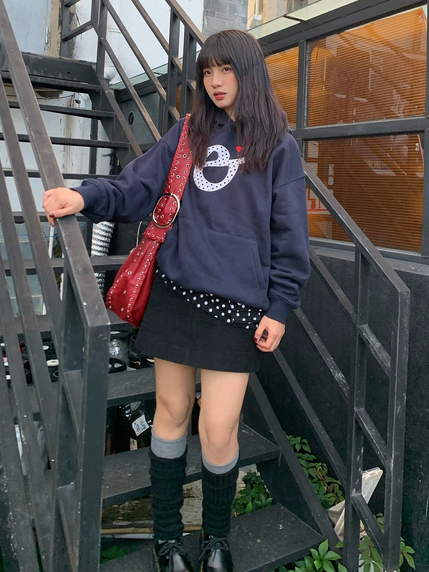 Vintage Polka Letter Embroidered Hoodie Zip-Up for Autumn Winter