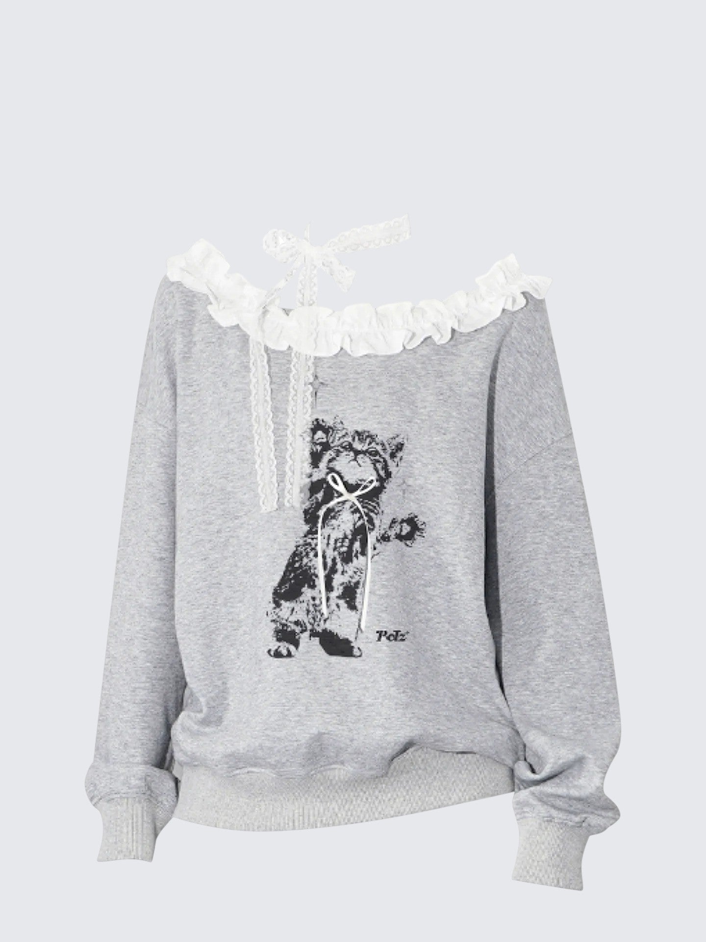 Korean Cat Print Off-Shoulder Sweatshirt