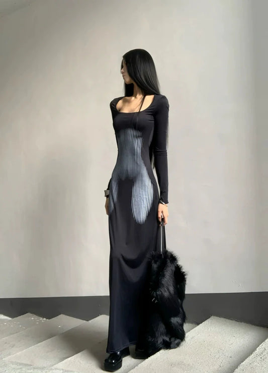 Black High-Stretch Printed Bodycon Maxi Dress