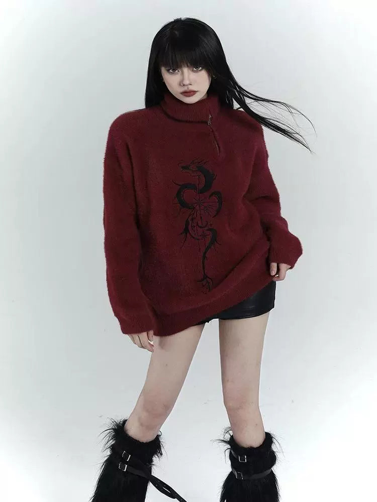 Red Y2K Retro Half-Zip Sweater