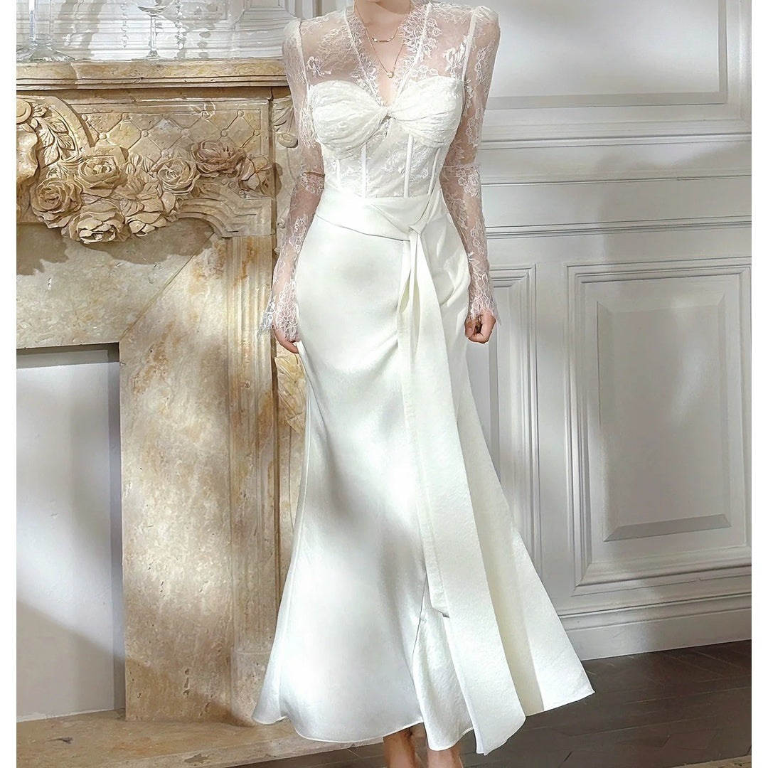 French Satin Long Sleeve Mermaid Gown Dress