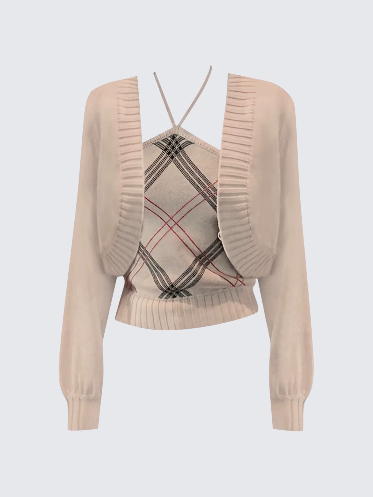 American Plaid Knit Halter Cardigan Set