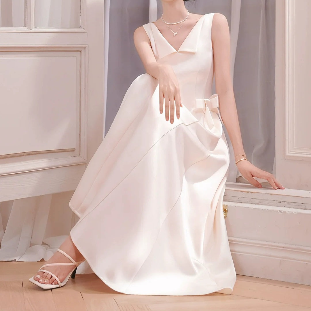 French White Satin V-Neck Sleeveless Butterfly Gown Dress
