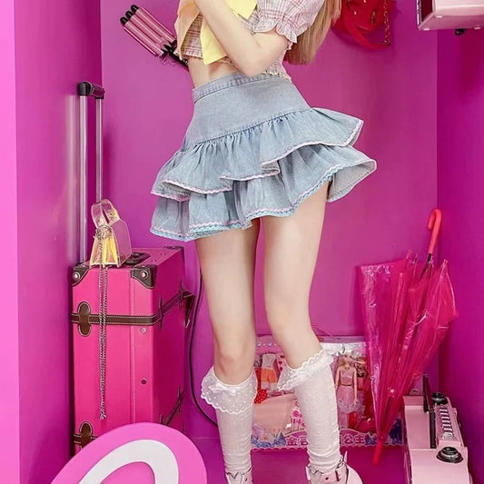Denim Puff Cake Skirt Subculture Y2K E-girl Japanese Cute High-Waisted Slimming Fluffy Skirt (Summer)