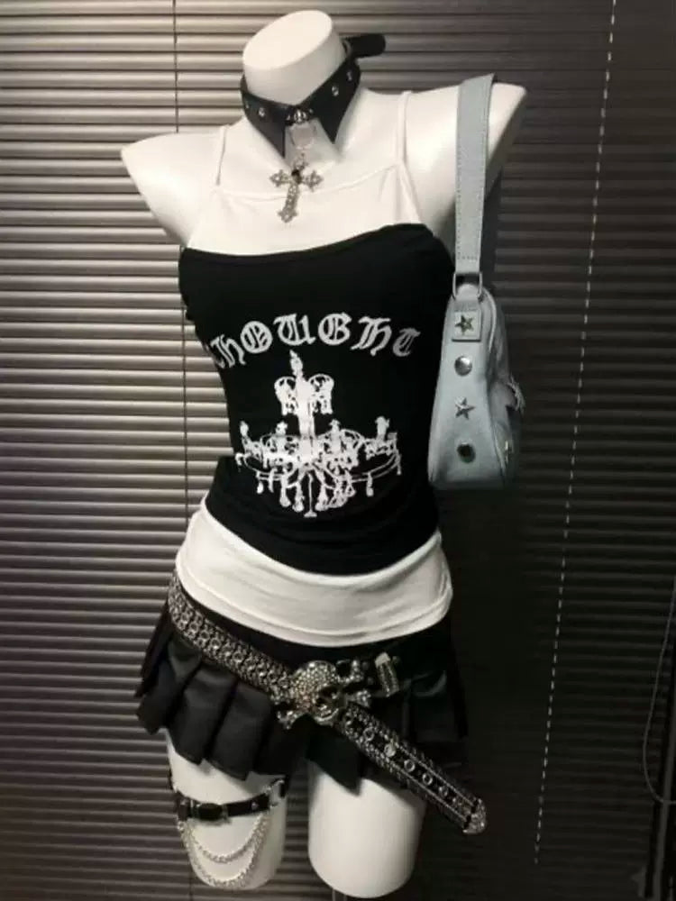 Black & White Color-Block Tank Top Subculture Y2K E-girl Abi American Letter Print Tank Top