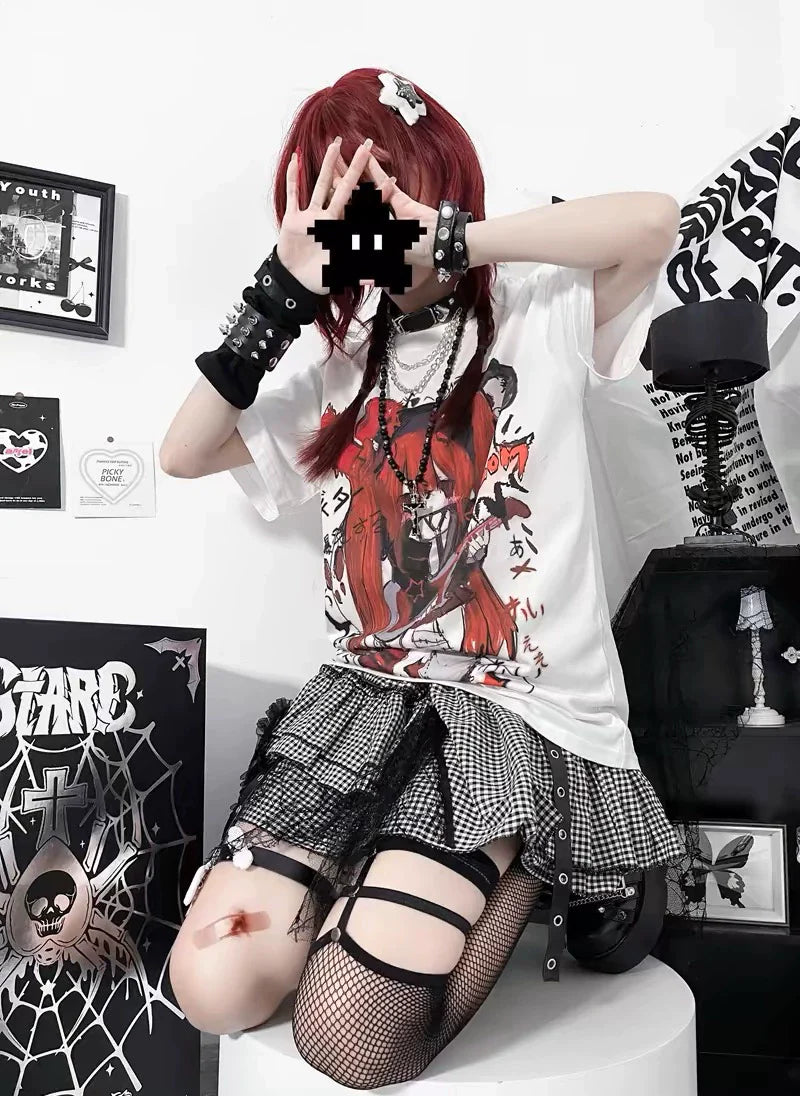 Rock Devil White Tee and Black White Spider Lace Skirt Y2K Two Pieces Sets