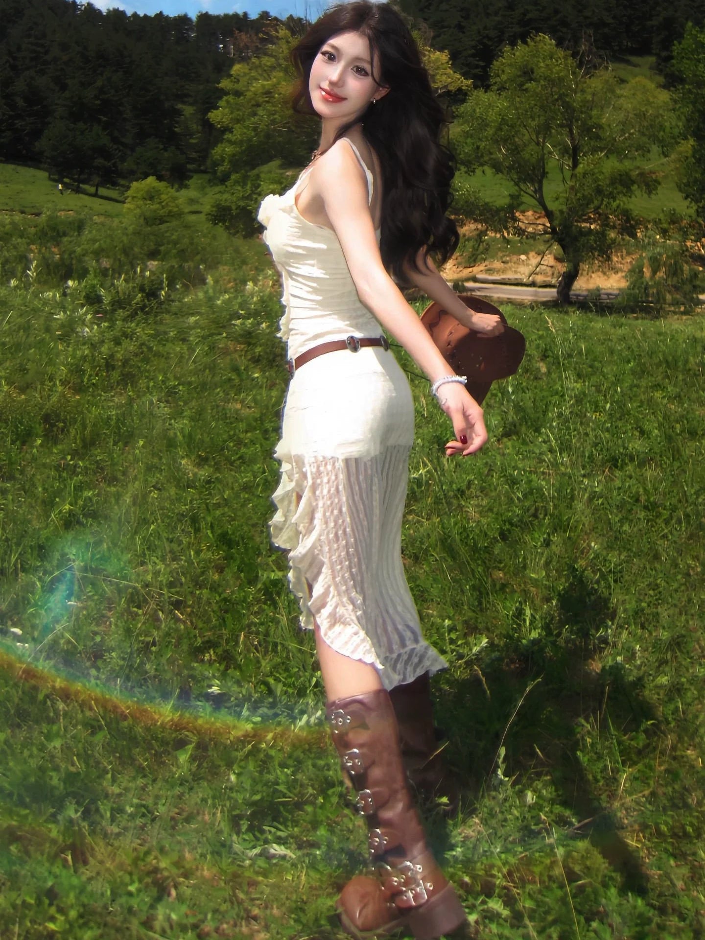 French Textured Knit Halter Waist-Cinched Asymmetrical Beach Vacation Maxi Dress