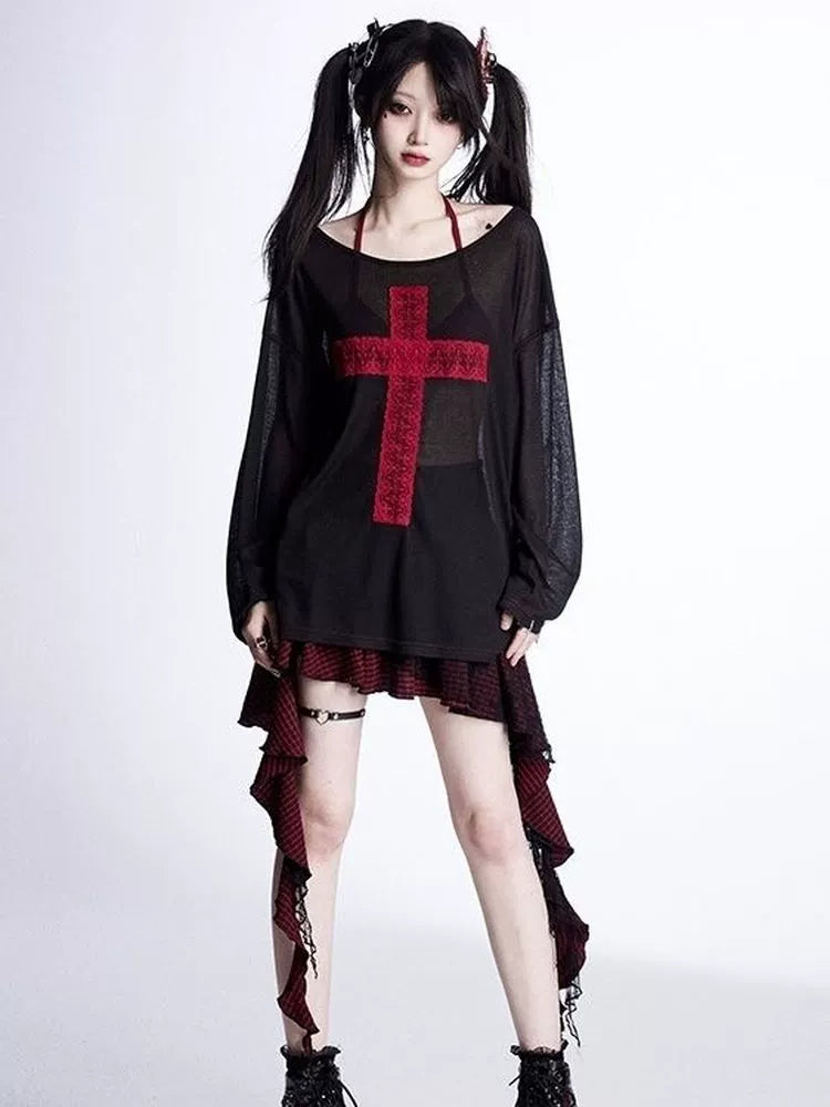 Black Cross Sunscreen Subculture Y2K E-girl Abi American Retro Off-Shoulder Sheer Cover-Up Long Sleeve Top