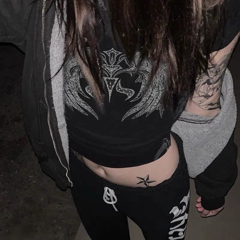 Black Punk Y2K E-girl Geometric Wing Print Slim-Fit Short Sleeve Top