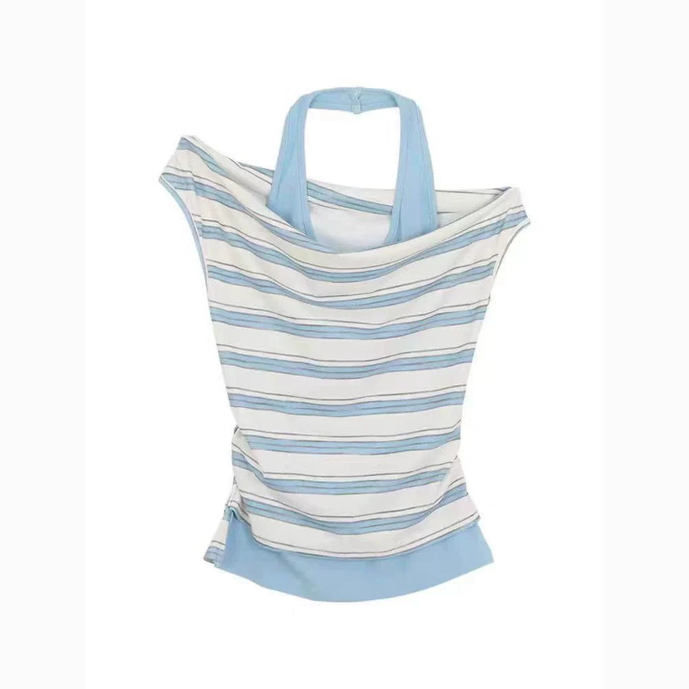 Striped Fake Two-Piece Off-Shoulder Subculture Y2K E-girl Light Subculture Striped Fake Two-Piece Off-Shoulder Short Sleeve Top