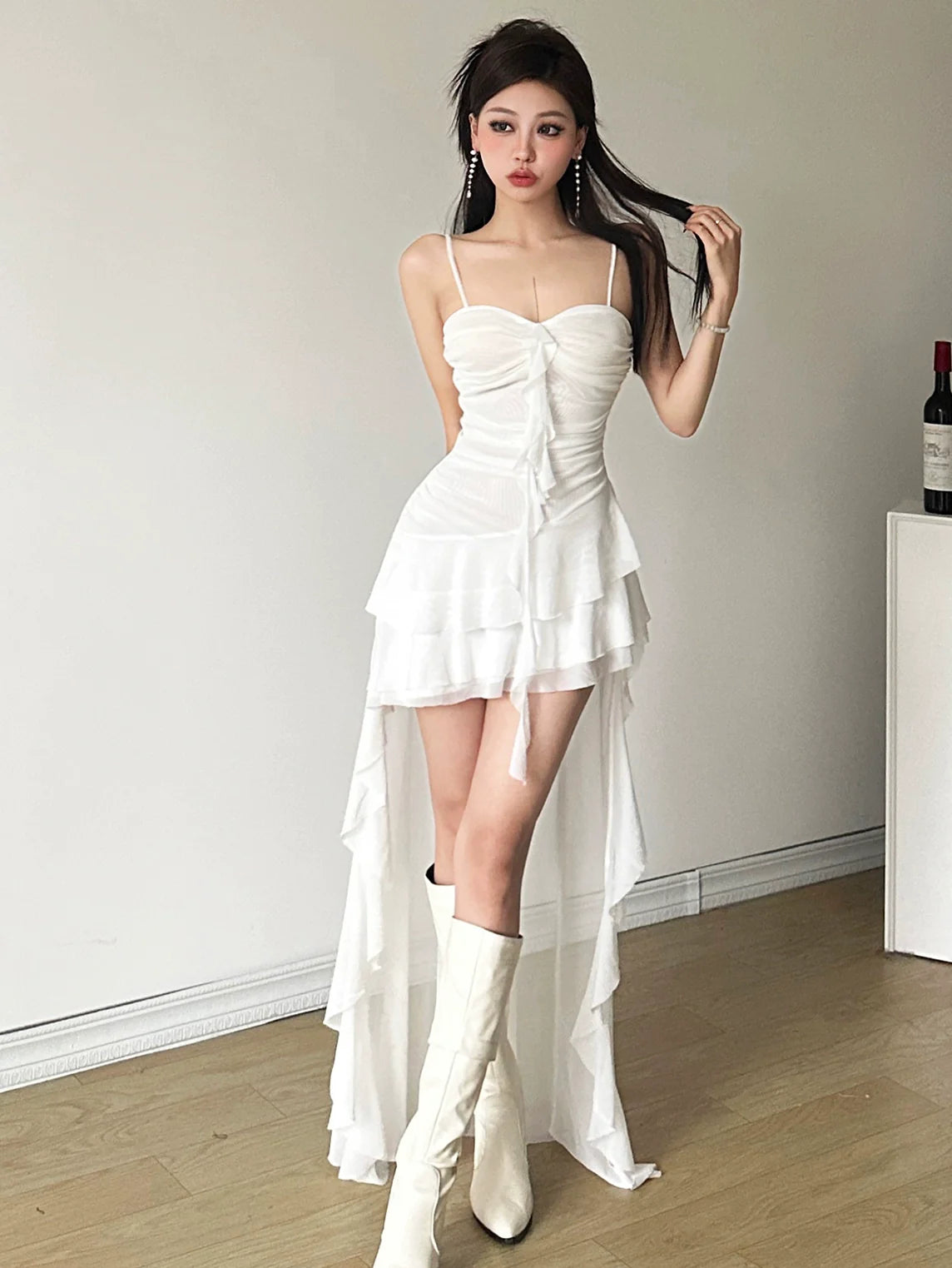 French Fairycore Ruffle-Paneled Camisole Asymmetrical Midi Dress