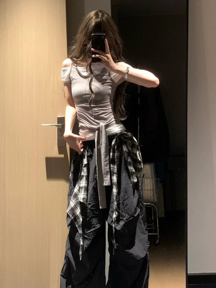 Gray White Fake Two-Piece Tie Detail Y2K T-Shirt