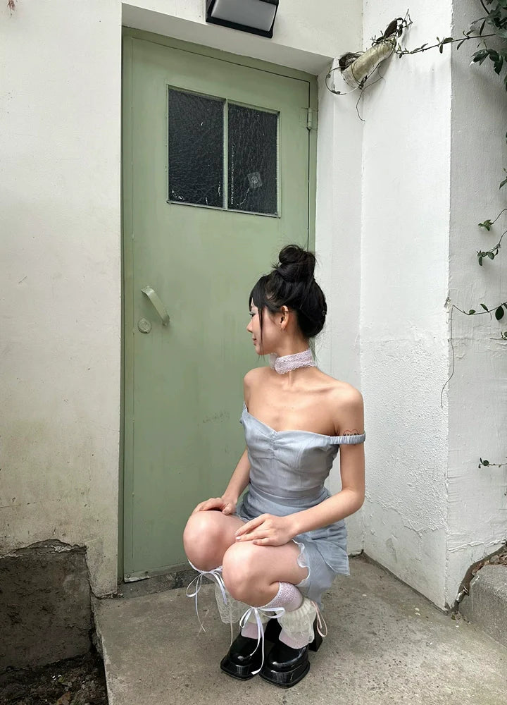 Soft Vibe Sheer Satin Off-The-Shoulder Ruffled Asymmetrical Hot Girl Summer Mini Dress