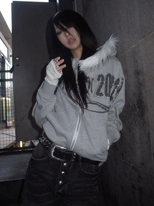 Y2K Visual Kei Fur-Lined Hoodie Autumn-Winter Heavyweight Short Zip-Up Pullover
