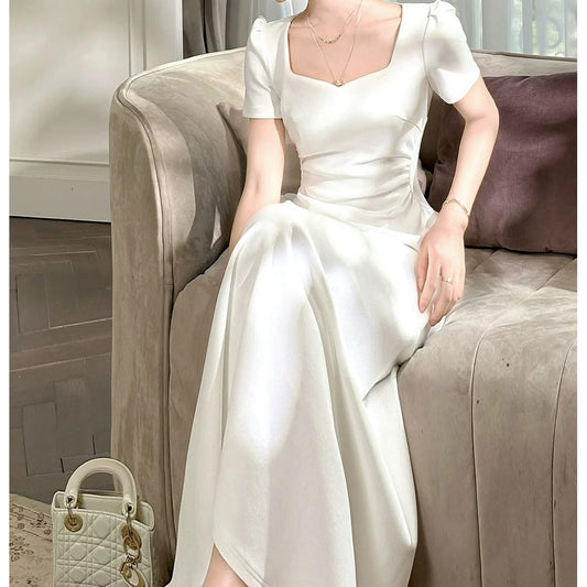 White Luxury Square Neck Gown Dress – French Waist Fitted Dress