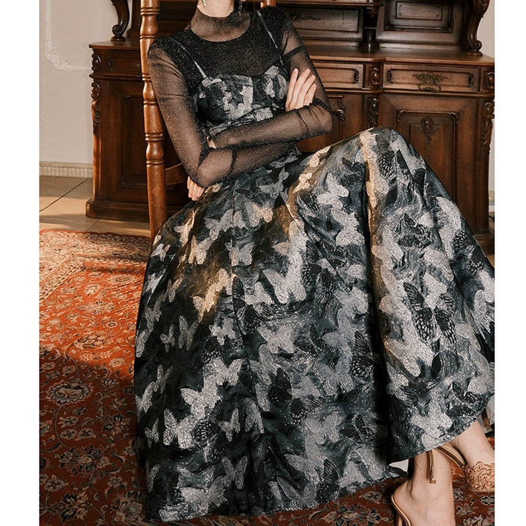 French Vintage Floral Gown Dress with High Neck Top