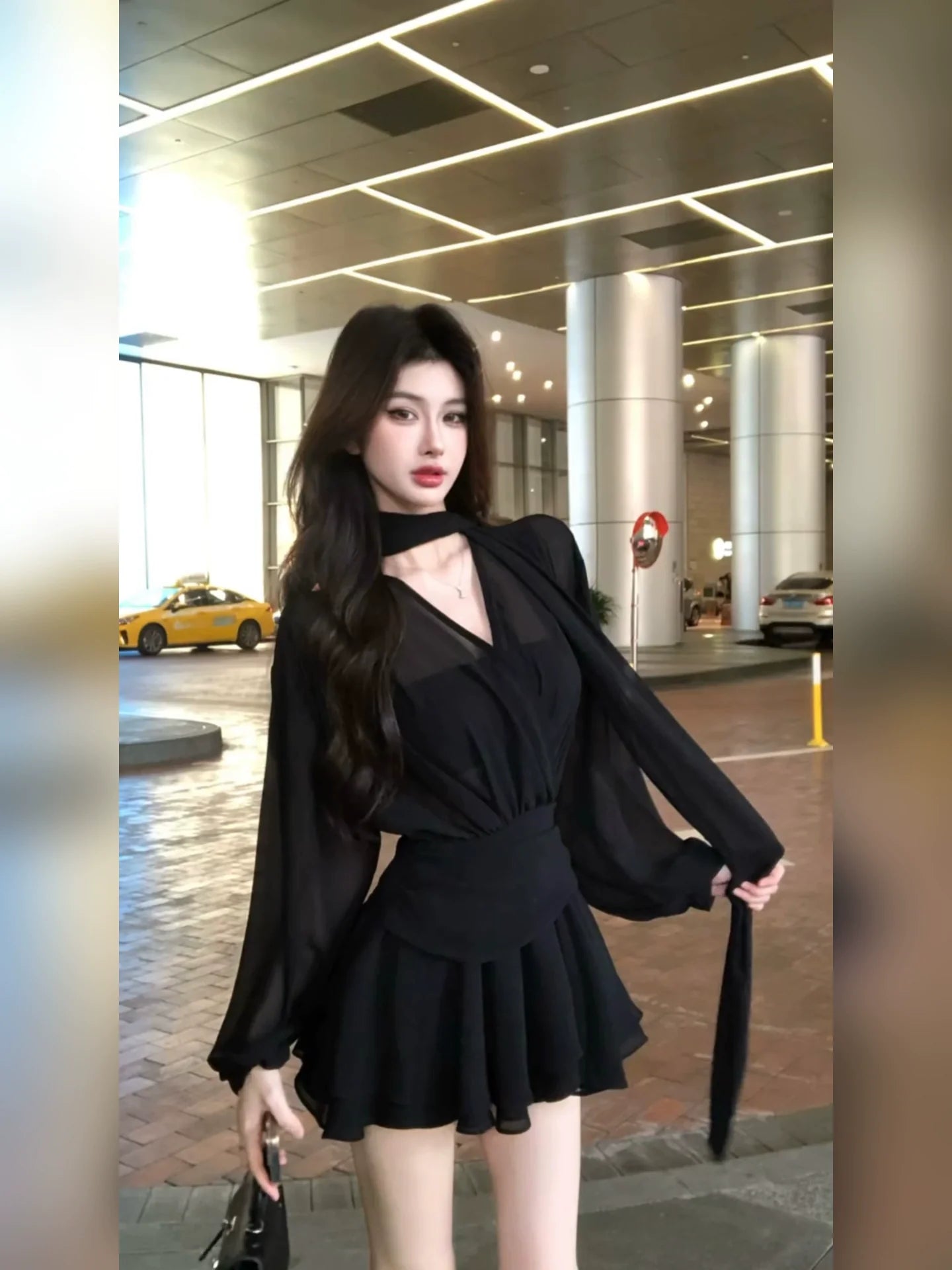 French Black Ribbon Chiffon Long-Sleeve Waist-Cinched A-Line Summer Mini Dress