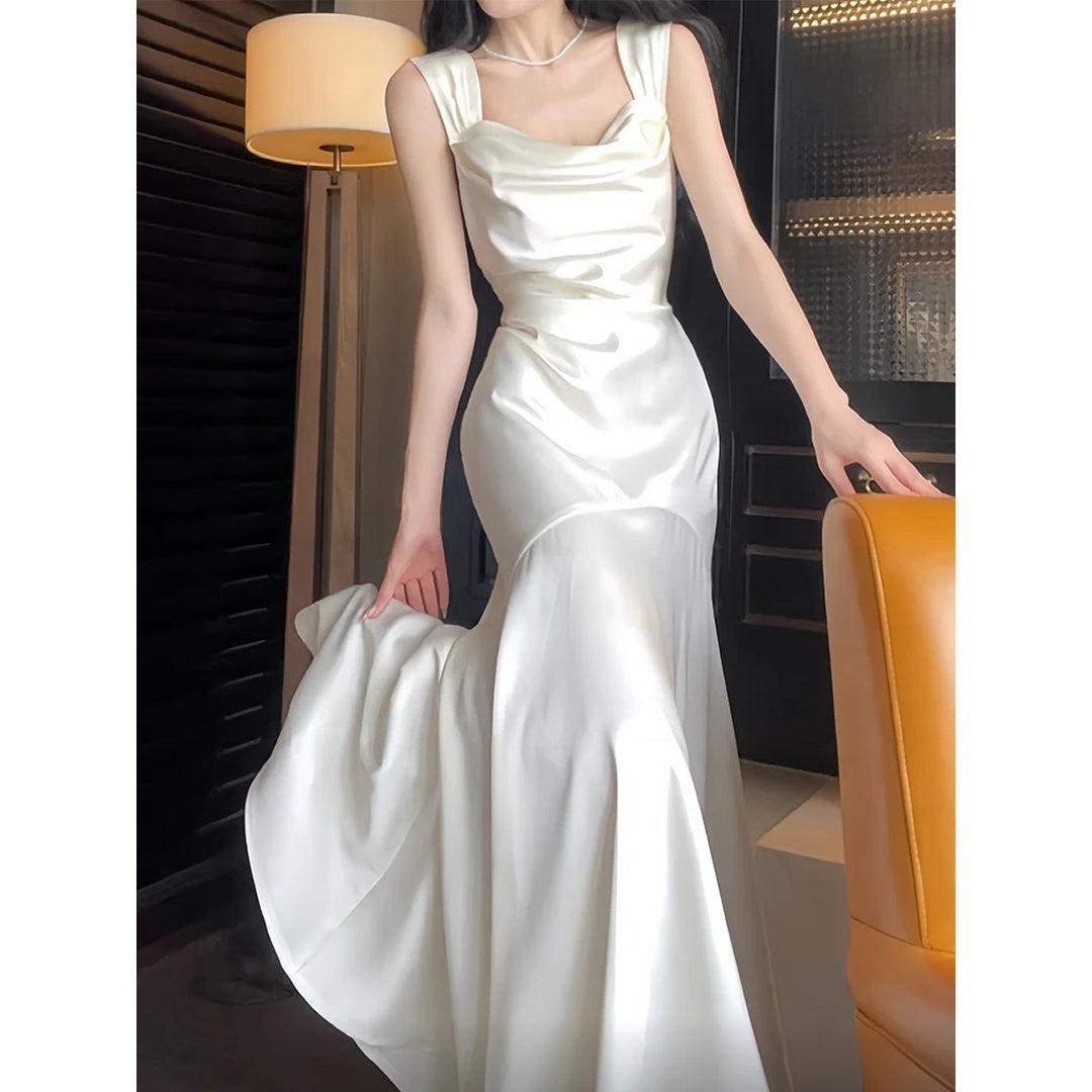 French Satin Mermaid Tail Dress White Engagement Party Evening Gown