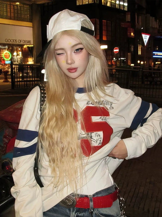 American Vintage Long Sleeve Tee Colorblock Embroidery Graffiti Top