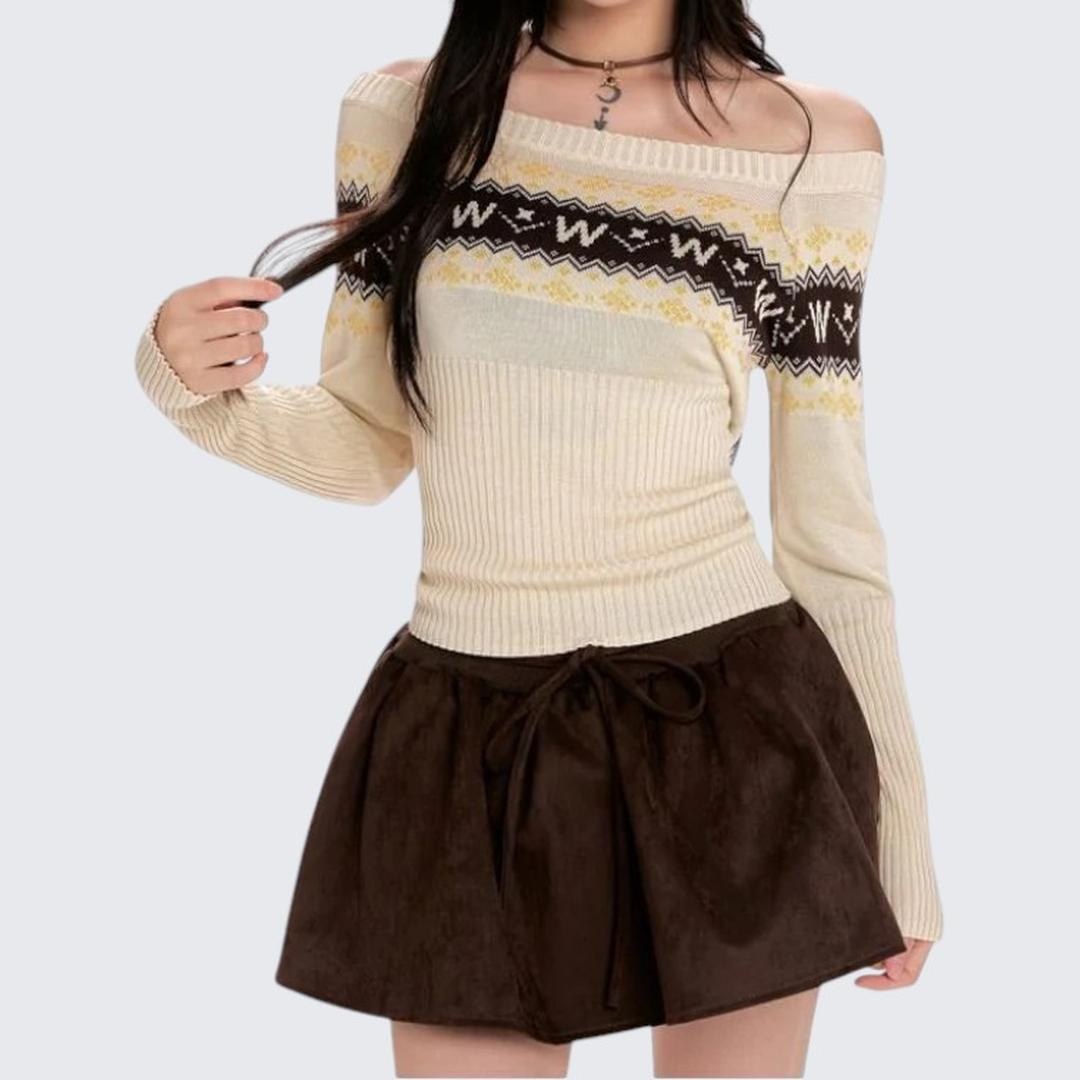 Apricot One - Shoulder Long - Sleeve Knitted Sweater For Women - Spring & Autumn - tutufox -