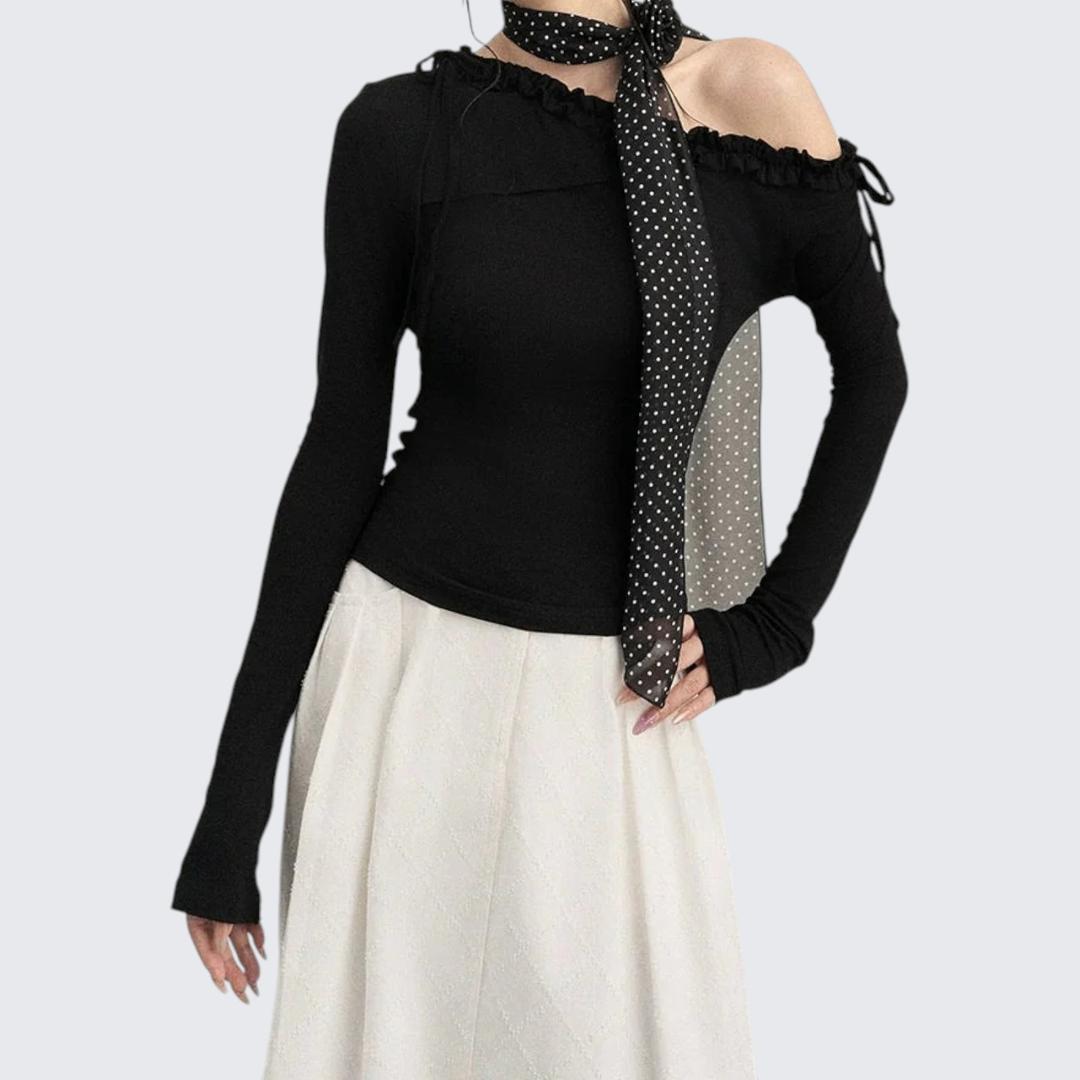 Autumn Soft & Sexy Bow Ruffle Slant - Shoulder Asymmetrical Long - Sleeve Knit Top - tutufox -