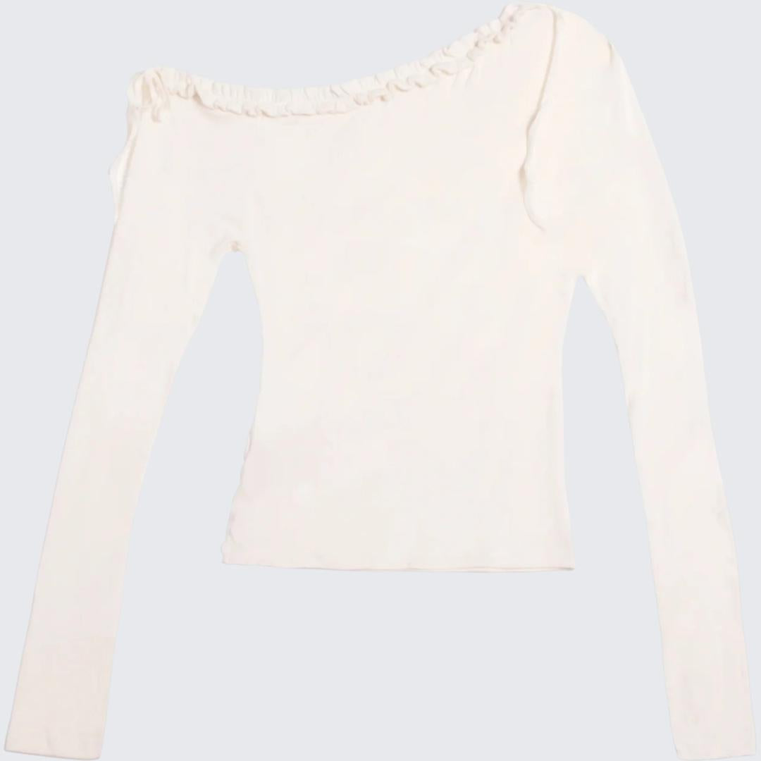 Autumn Soft & Sexy Bow Ruffle Slant - Shoulder Asymmetrical Long - Sleeve Knit Top - tutufox -