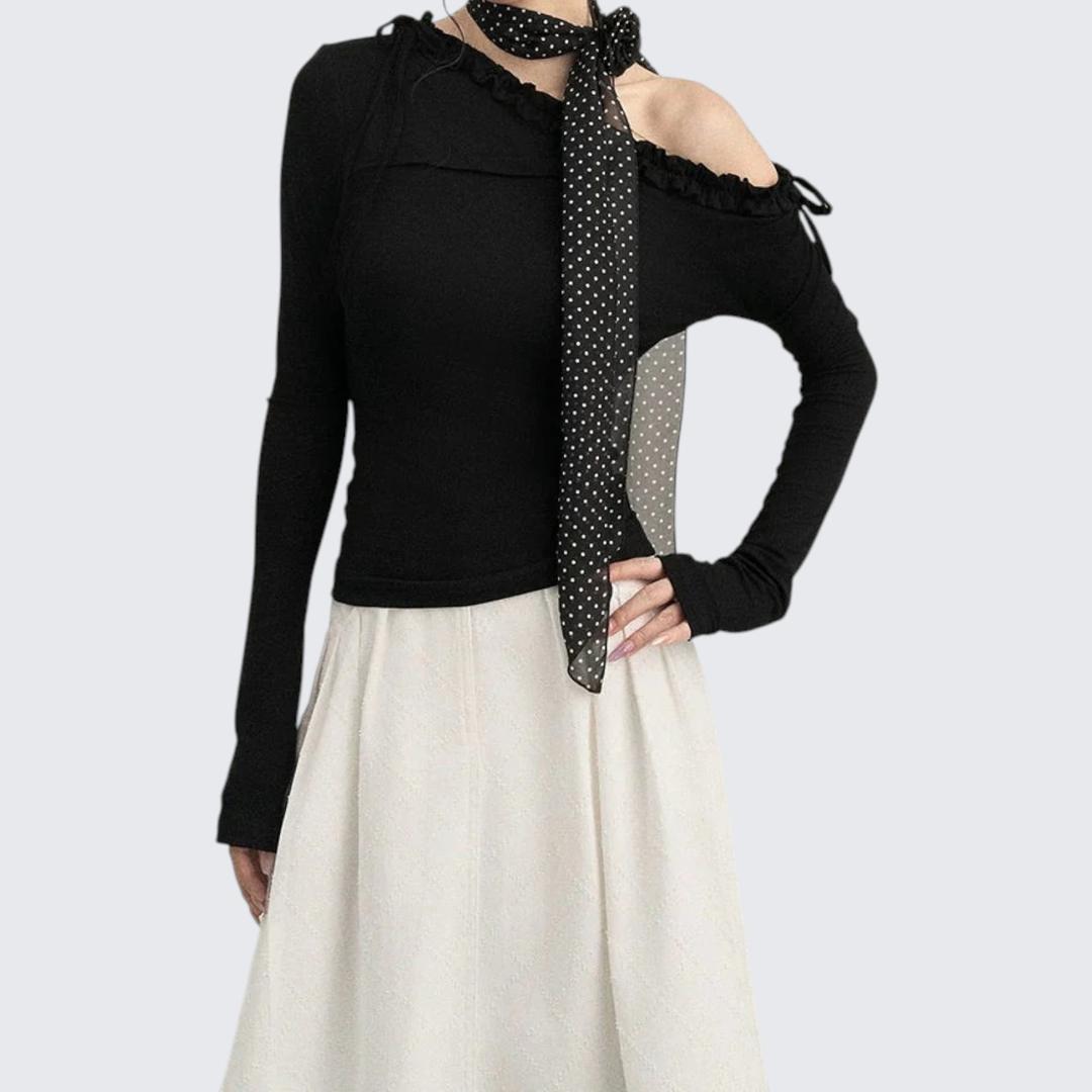 Autumn Soft & Sexy Bow Ruffle Slant - Shoulder Asymmetrical Long - Sleeve Knit Top - tutufox -