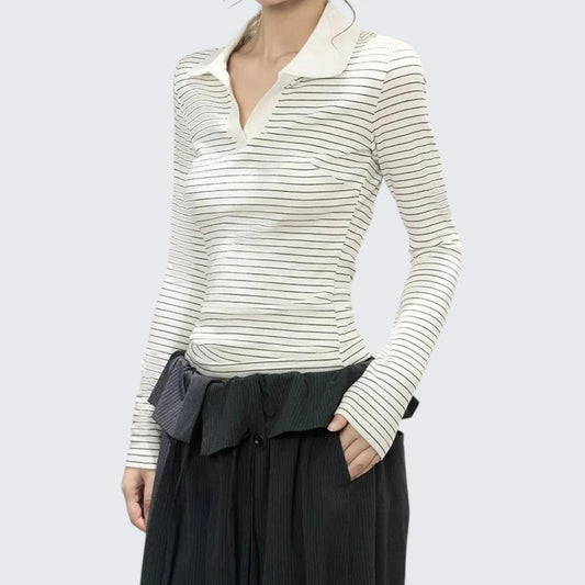 Autumn V - Neck Polo Style Black & White Stripe Fitted Long - Sleeve T-Shirt - tutufox -